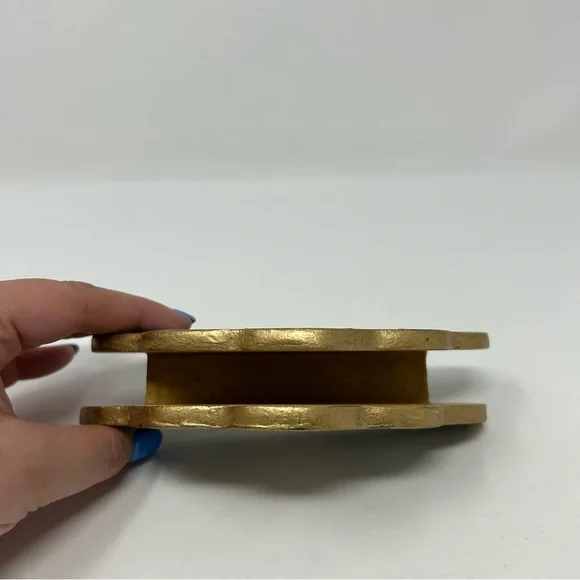 Vintage Blue Wood Napkin Hand Painted White Flowers Double Sided Gold Tone - Picture 4 of 8